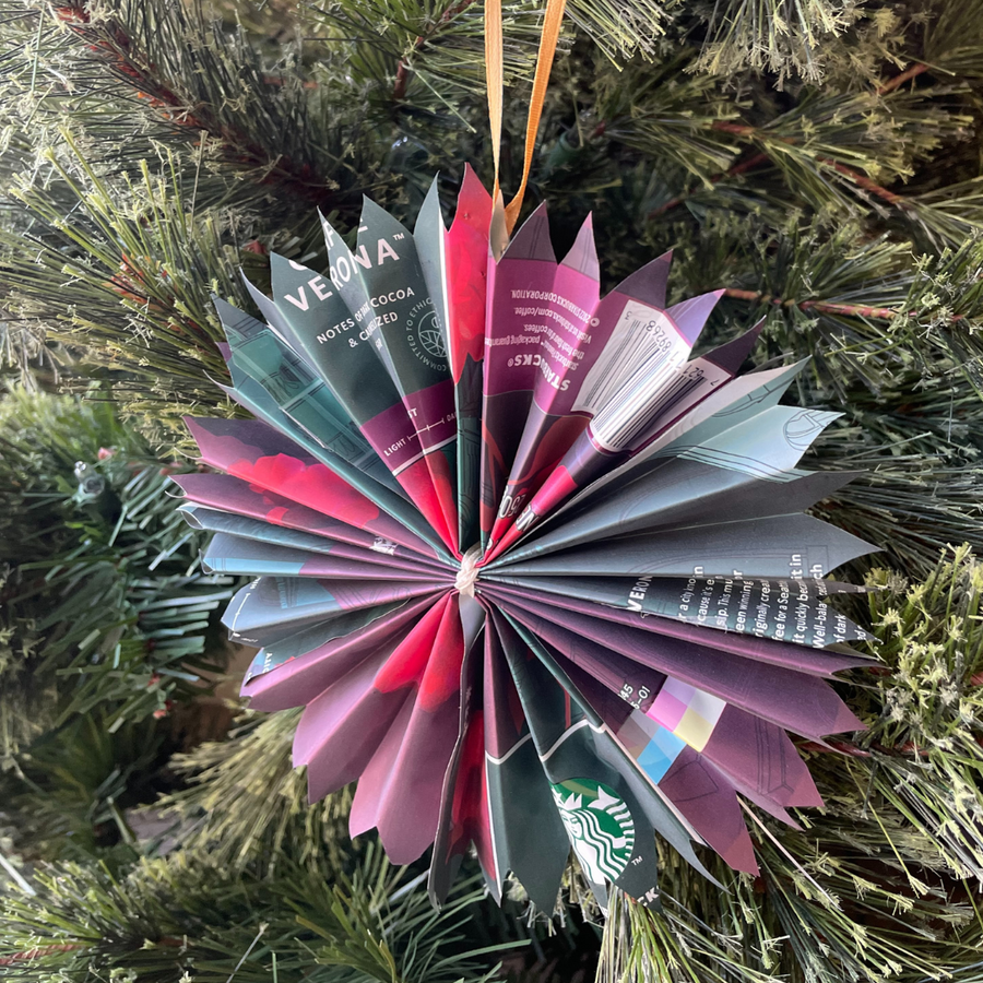 Origami Fan Flower Ornament (Upcycled from Coffee Bags)